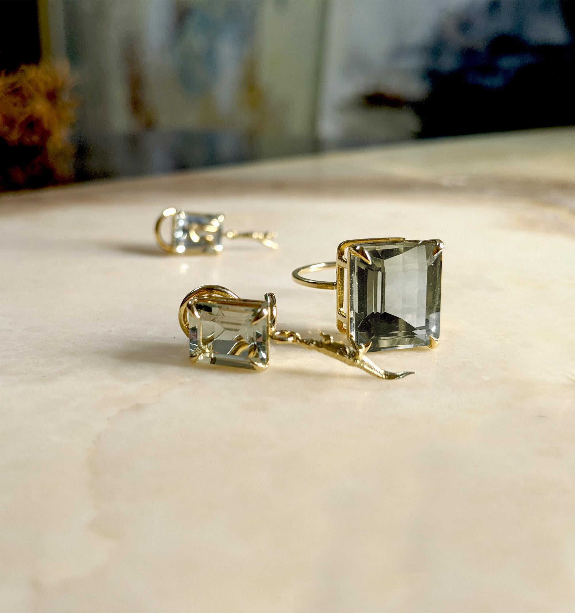 Emerald Cut Yellow Gold Contemporary Clip-on Earrings with Light Green Quartzes For Sale