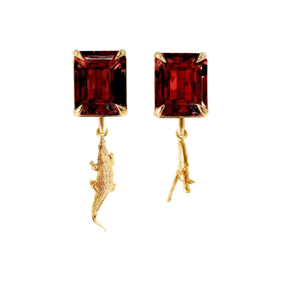 Yellow Gold Mesopotamia Clip-On Earrings by Artist with Rhodolite Garnet