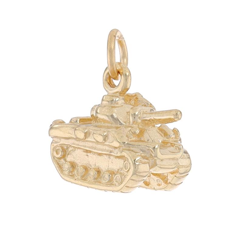 Metal Content: 14k Yellow Gold

Theme: Military Armored Tank, Warfare Battlefield Weapon
Features: Etched Detailing

Measurements

Tall (from stationary bail): 15/32
