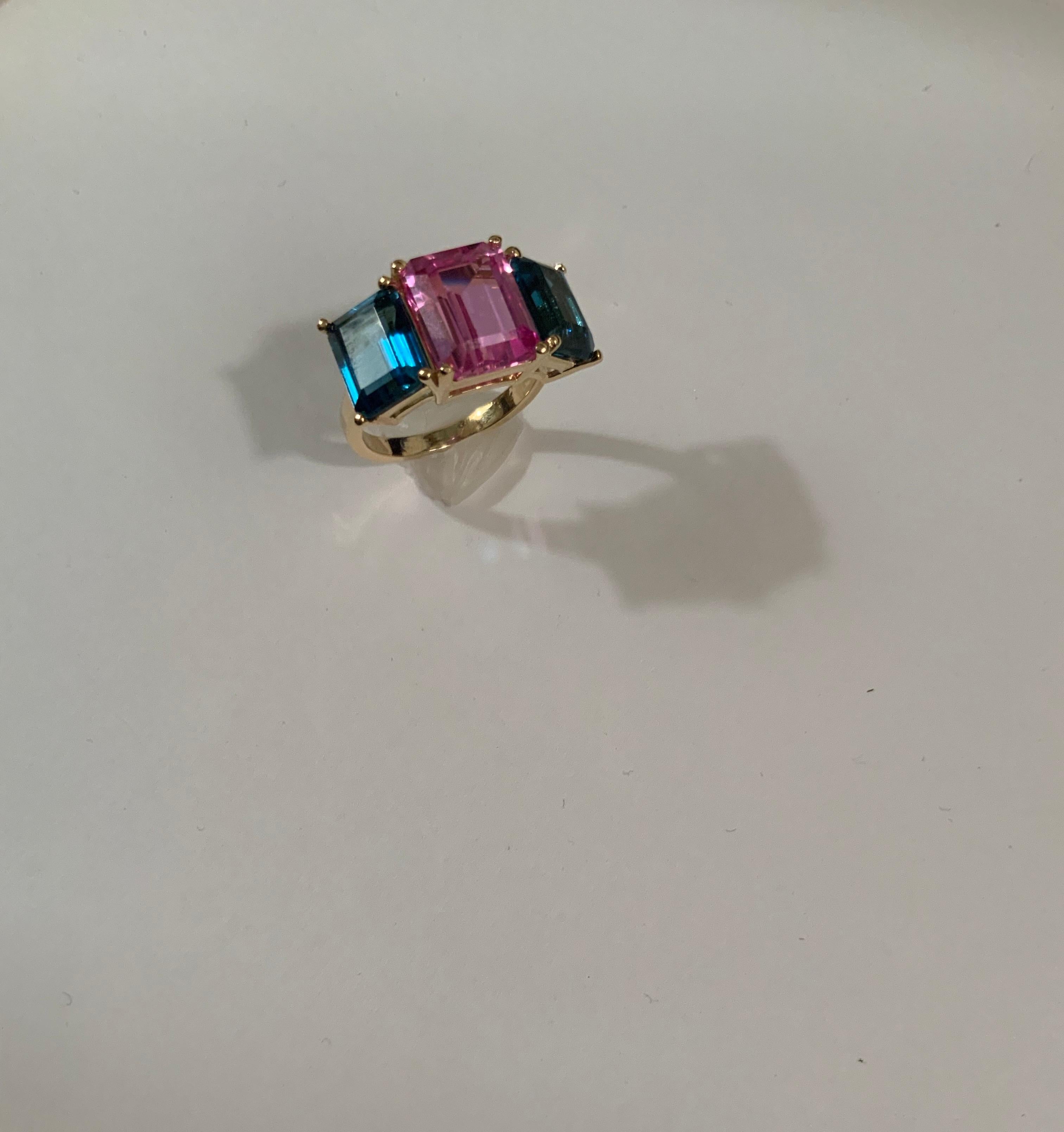 Yellow Gold Mini Emerald Cut Ring with Blue Topaz and Pink Topaz For Sale 9