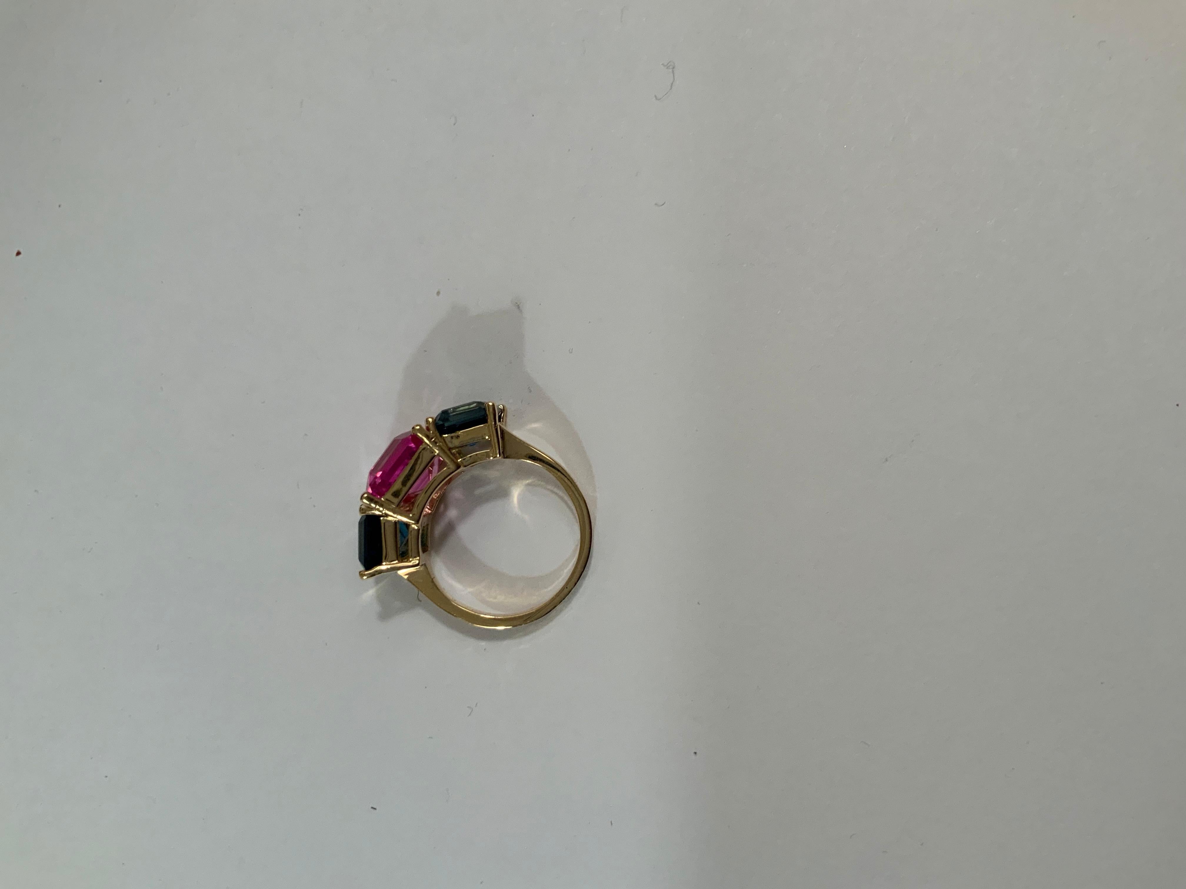 Yellow Gold Mini Emerald Cut Ring with Blue Topaz and Pink Topaz For Sale 10