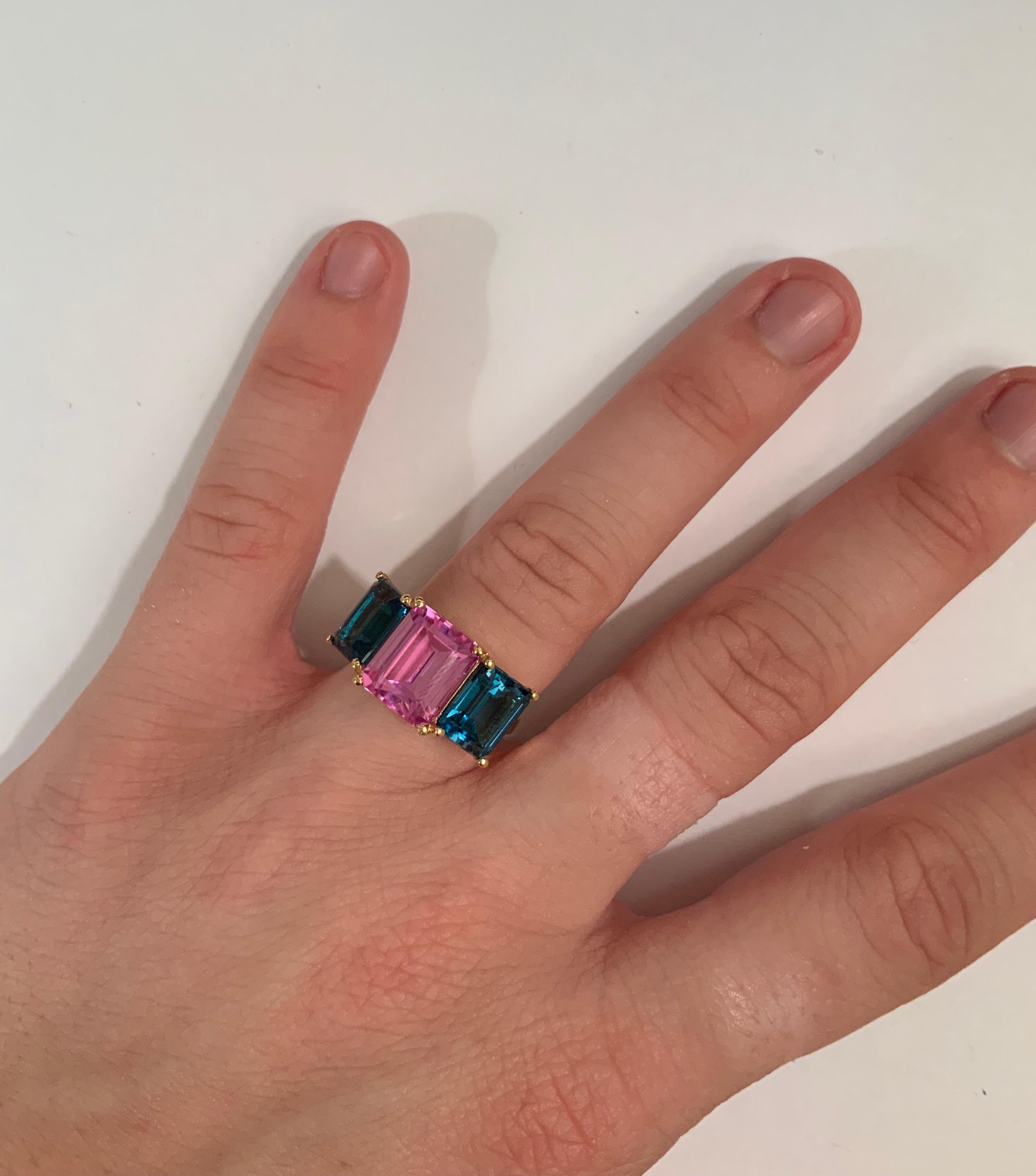 Yellow Gold Mini Emerald Cut Ring with Blue Topaz and Pink Topaz For Sale 11