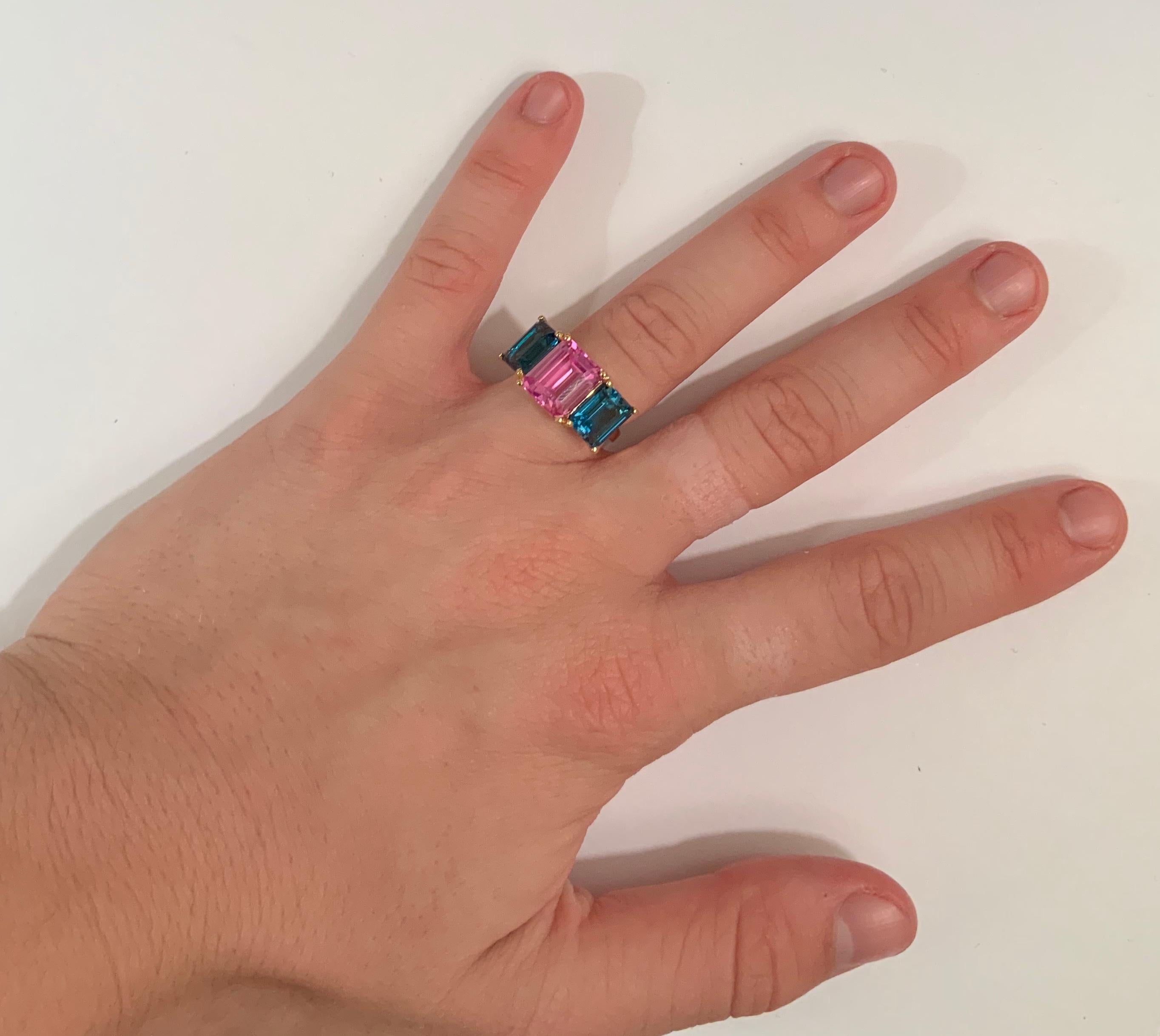 Yellow Gold Mini Emerald Cut Ring with Blue Topaz and Pink Topaz For Sale 12