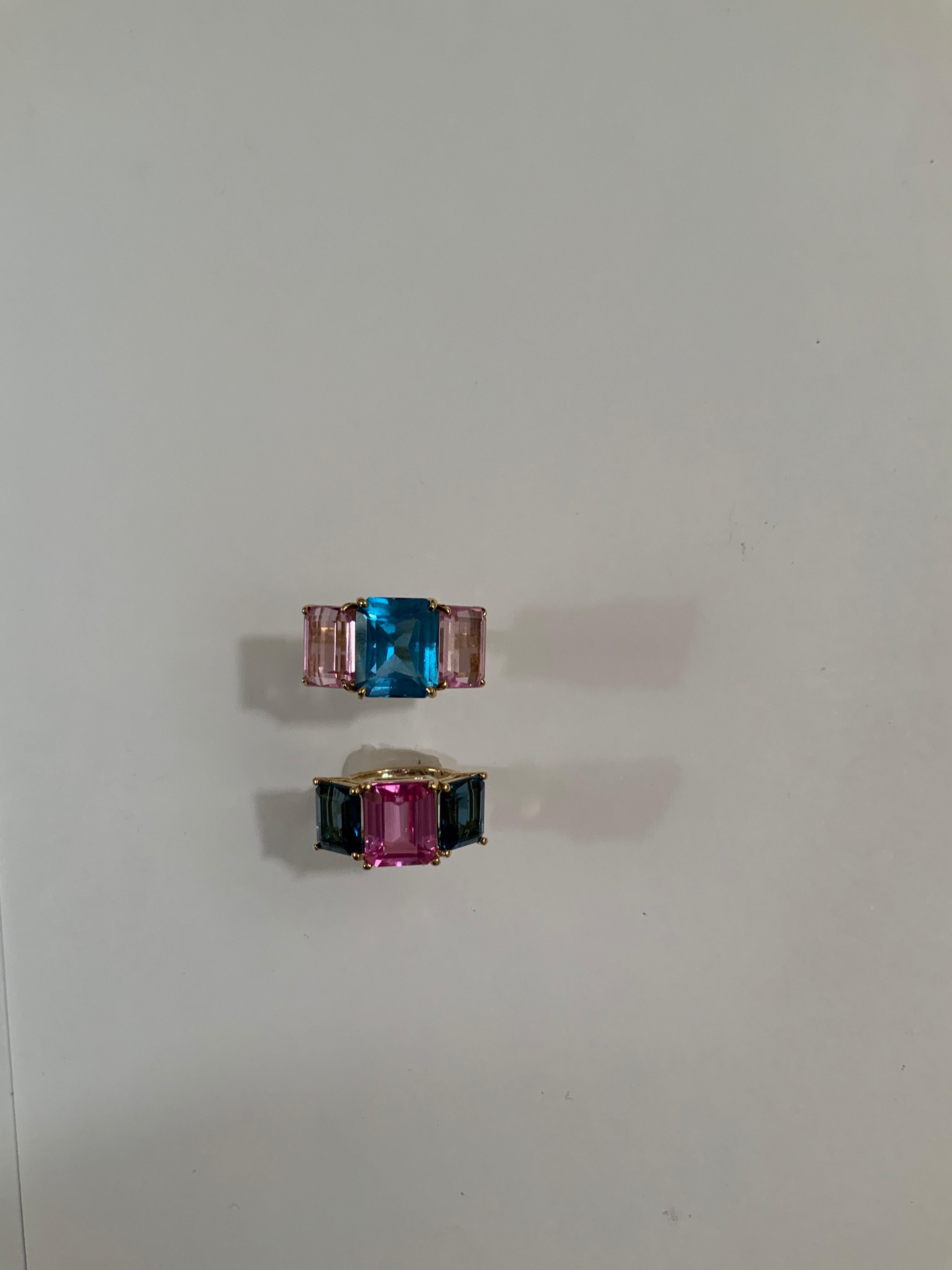 Yellow Gold Mini Emerald Cut Ring with Blue Topaz and Pink Topaz For Sale 13