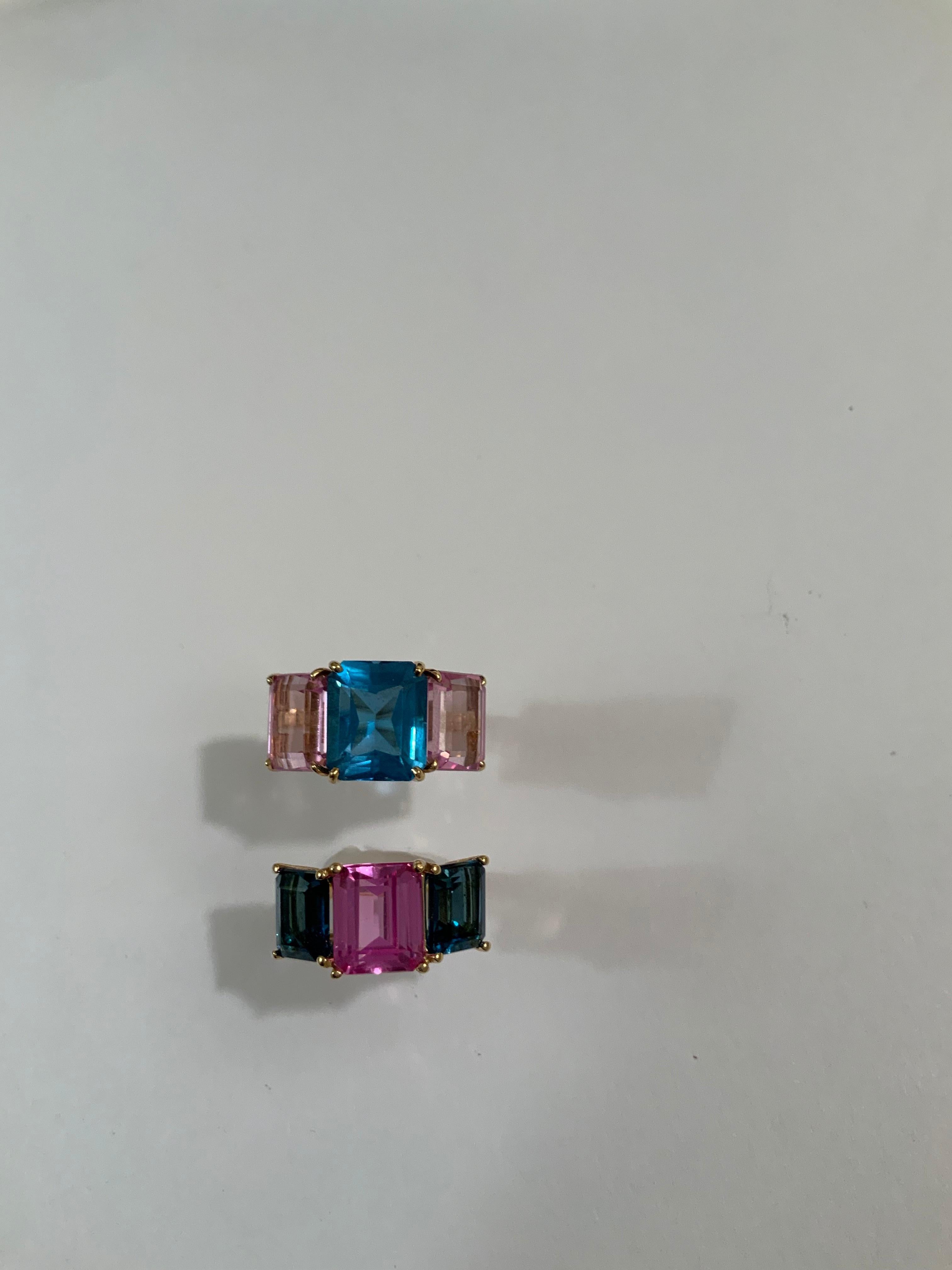 Yellow Gold Mini Emerald Cut Ring with Blue Topaz and Pink Topaz In New Condition For Sale In New York, NY