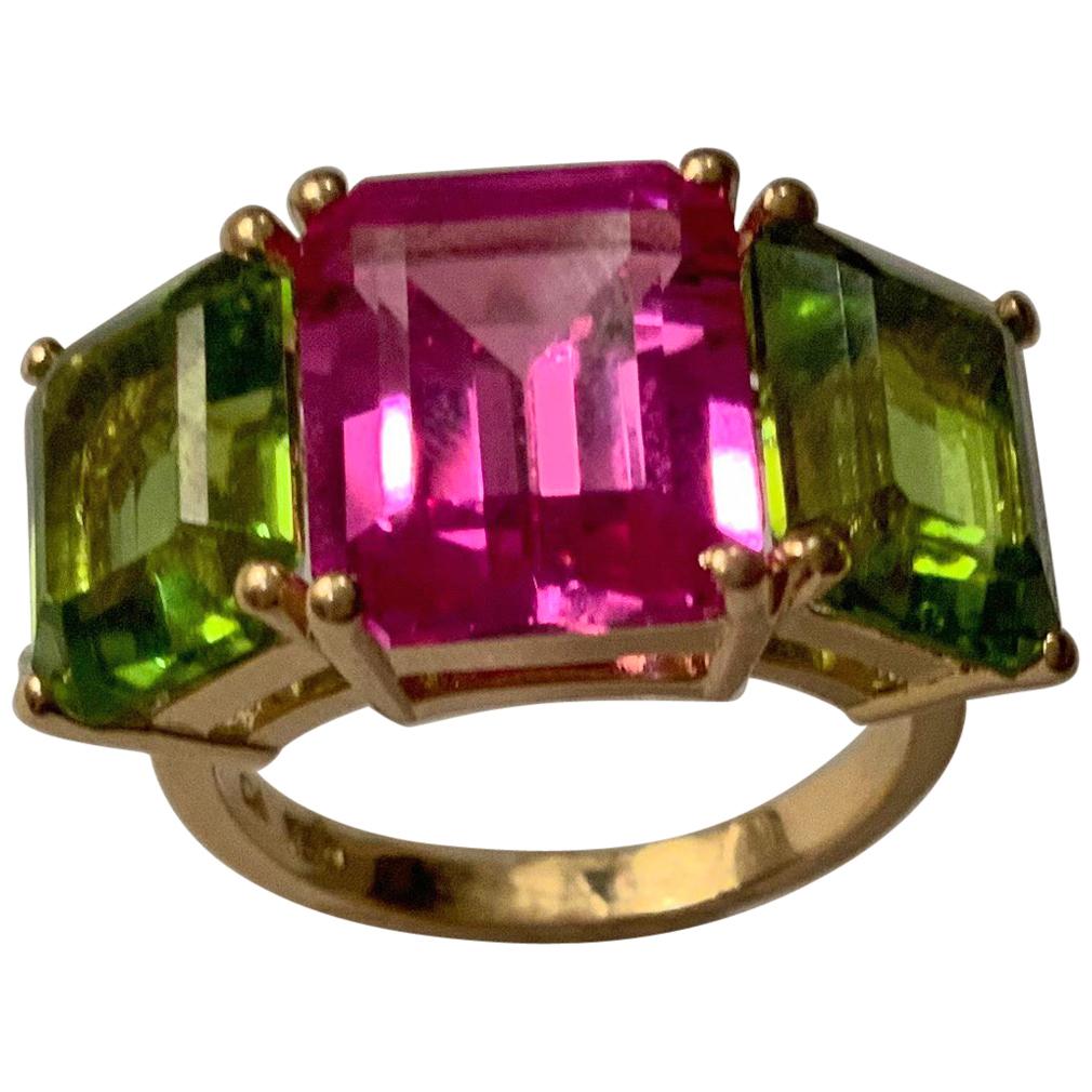 Women's Yellow Gold Mini Emerald Cut Ring with Blue Topaz and Pink Topaz For Sale