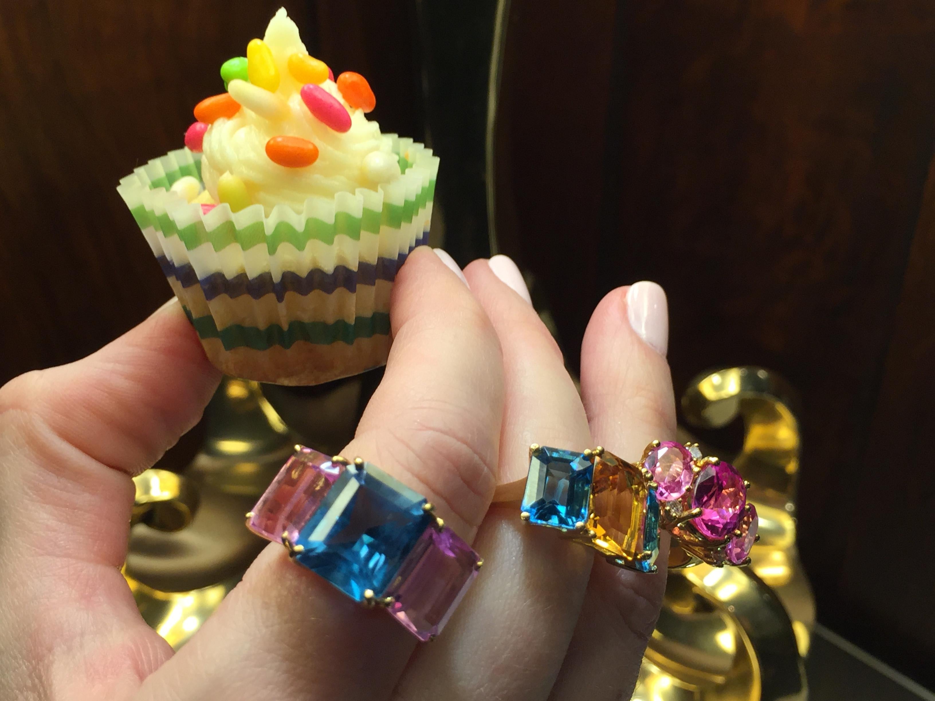Yellow Gold Mini Emerald Cut Ring with Blue Topaz and Pink Topaz For Sale 2