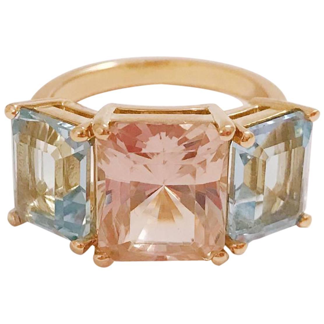 Yellow Gold Mini Emerald Cut Ring with Blue Topaz and Pink Topaz For Sale 4