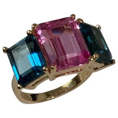 Christina Addison Yellow Gold Mini Emerald Cut Ring with Blue Topaz Pink Topaz