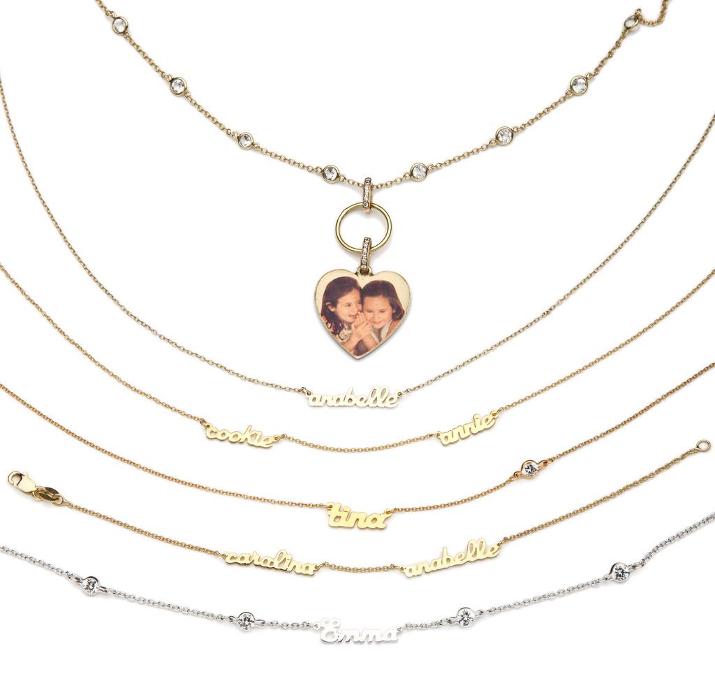Personalized 14kt Yellow Gold Name Necklace with Two Names.  

The Mini Script Personalized name necklace from Christina Addison Fine Jewelry NYC is available with as many names as you like in Silver, Gold Plated or 14kt Yellow Gold or Rose