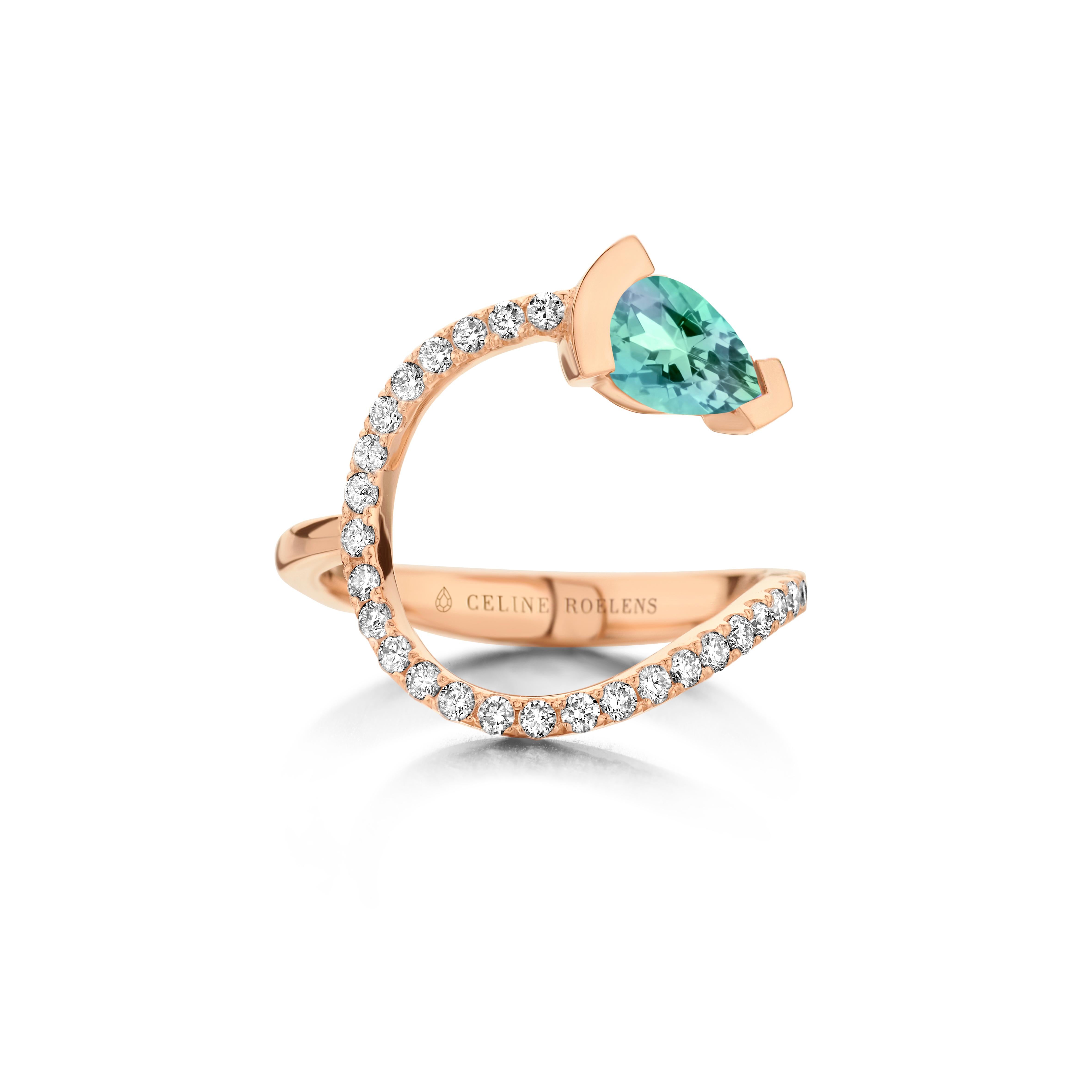 ADELINE curved ring in 18Kt yellow gold set with a pear shaped Mint tourmaline and 0,33 Ct of white brilliant cut diamonds - VS F quality.