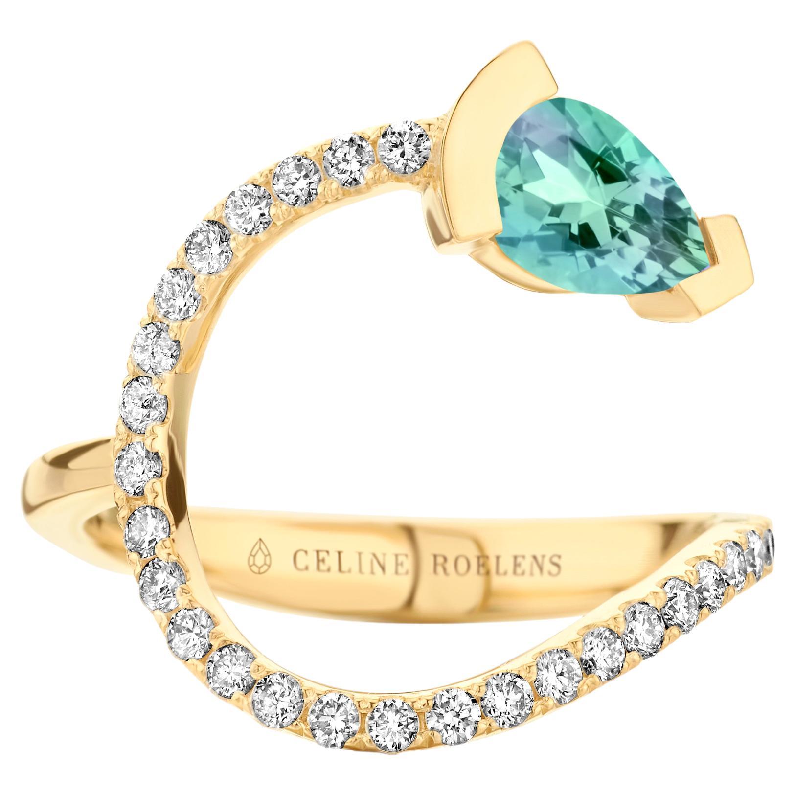 Yellow Gold Mint Tourmaline Diamond Cocktail Ring For Sale