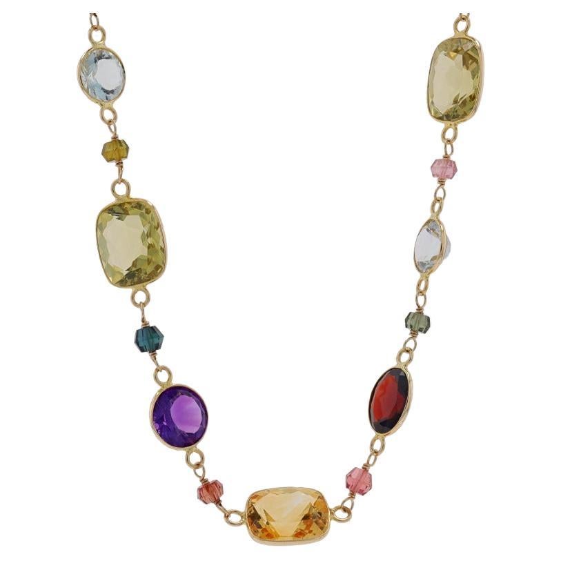 Yellow Gold Mixed Gemstone Station Link Necklace - 14k Cushion Round Bead Adjust For Sale