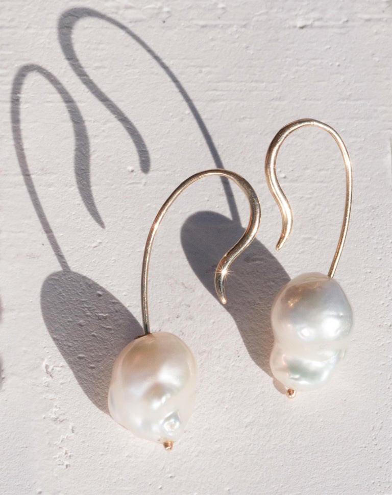 Yellow Gold Modern Baroque Pearl Earrings For Sale 1