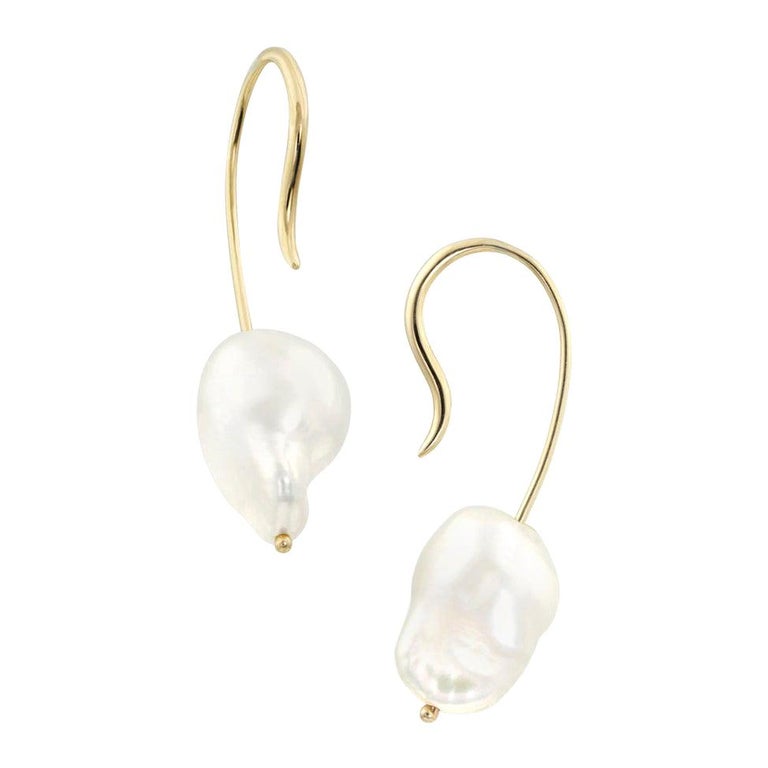 Yellow Gold Modern Baroque Pearl Earrings For Sale