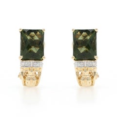 Yellow Gold Moldavite Diamond J-Hoop Earrings 10k Rectangular 8.22ctw Pierced