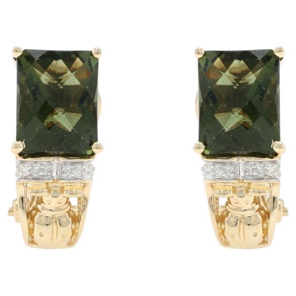 Yellow Gold Moldavite Diamond J-Hoop Earrings 10k Rectangular 8.22ctw Pierced For Sale