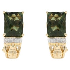 Yellow Gold Moldavite Diamond J-Hoop Earrings 10k Rectangular 8.22ctw Pierced