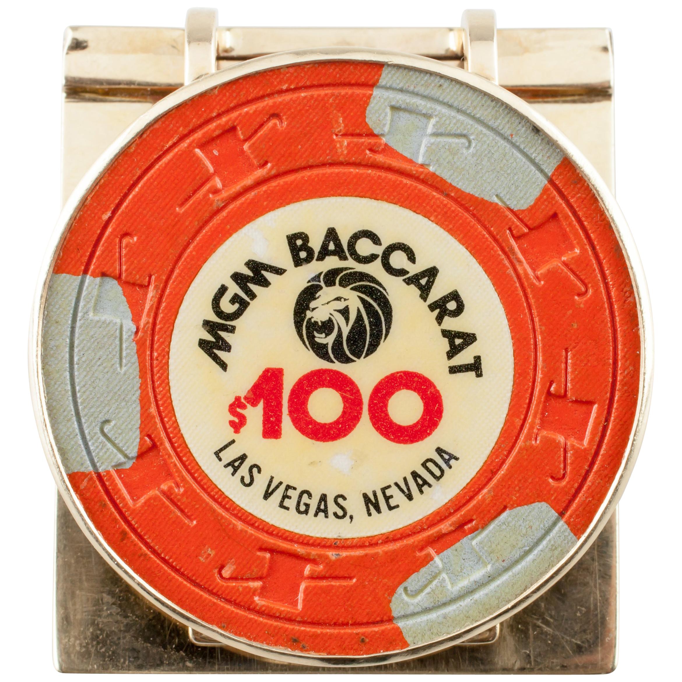 Yellow Gold Money Clip Featuring Vintage MGM Baccarat Casino Chip