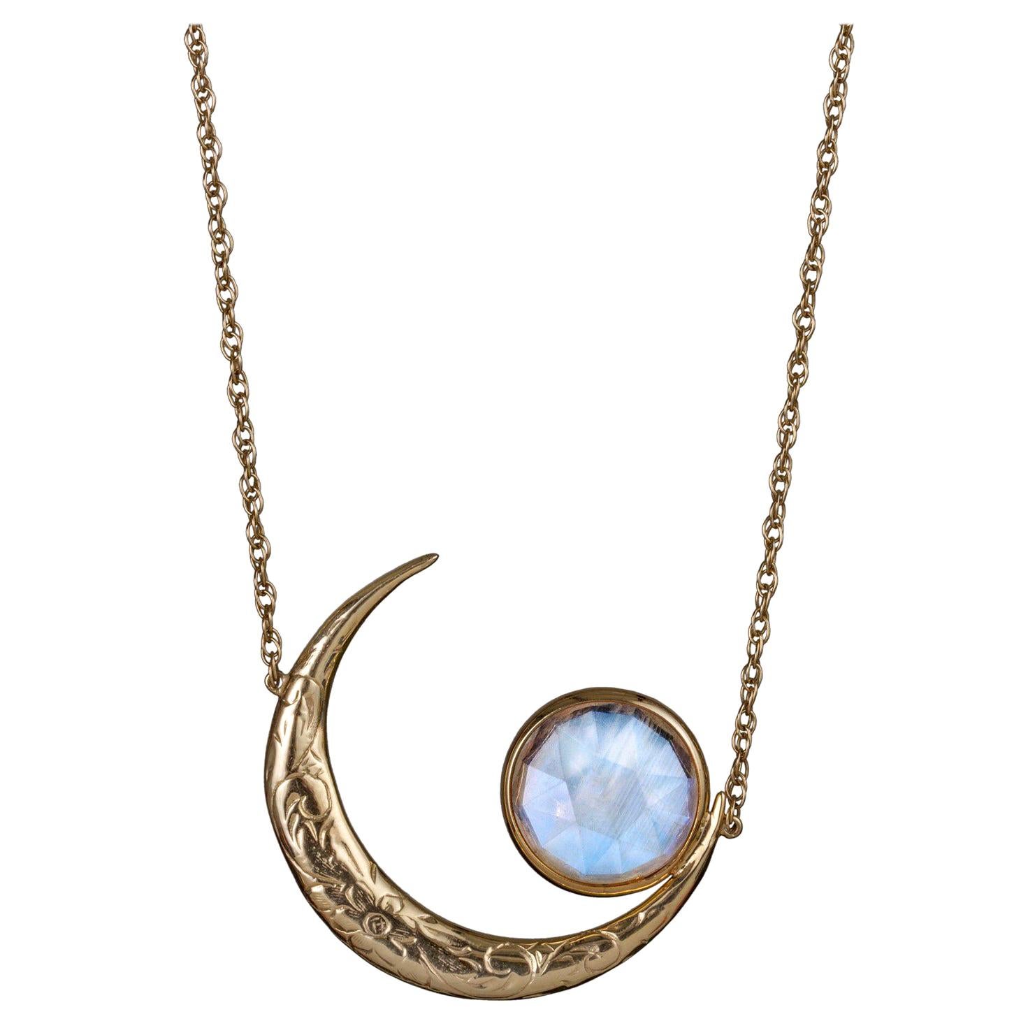 Yellow Gold Moonstone Crescent Moon Engraved Necklace For Sale