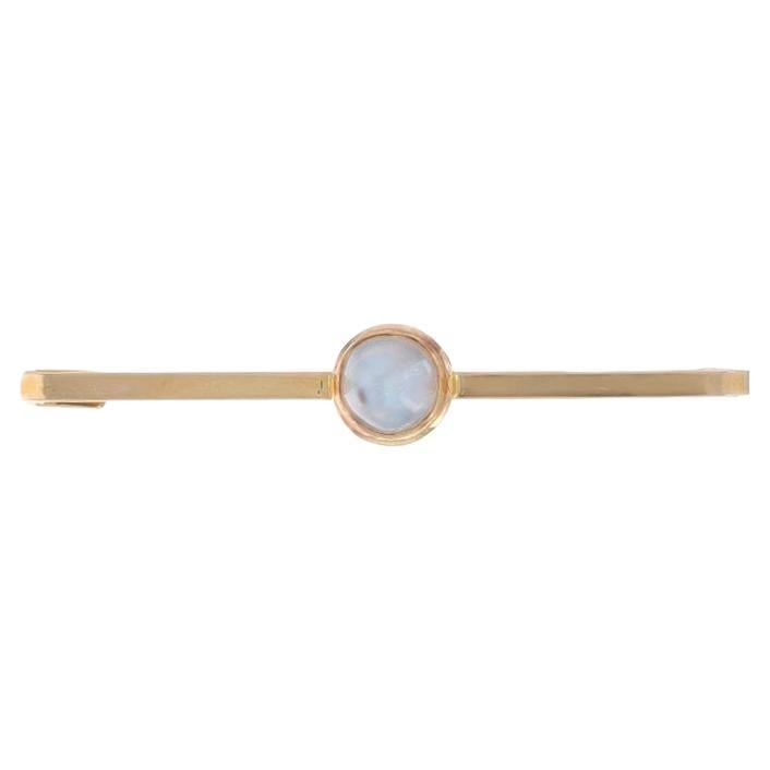 Yellow Gold Moonstone Edwardian Solitaire Bar Brooch 14k RndCab.90ct Antique Pin For Sale