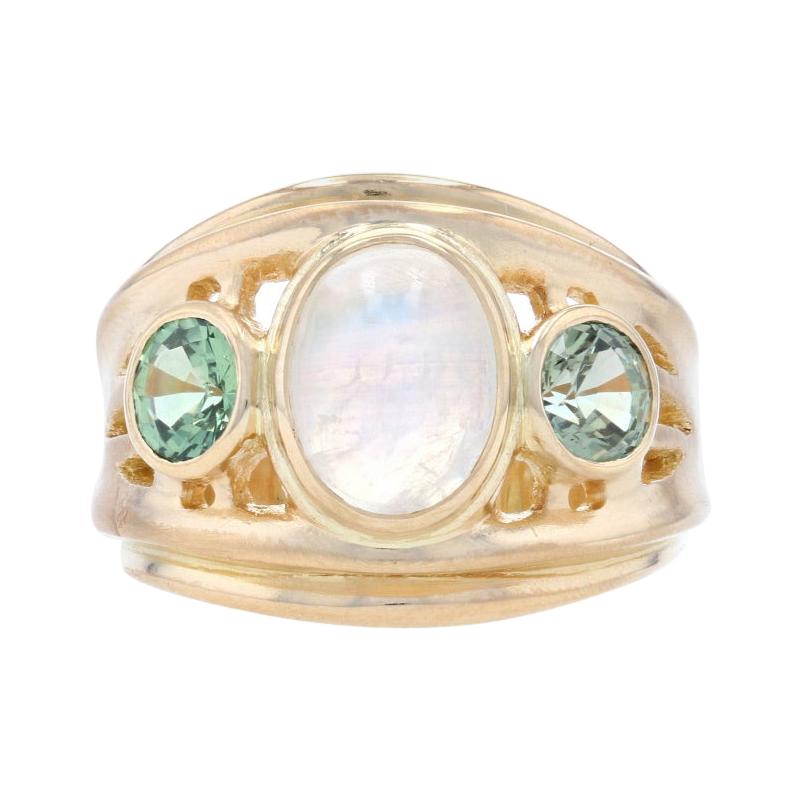 Yellow Gold Moonstone & Green Sapphire Ring, 18k Cabochon Cut 3.60ctw