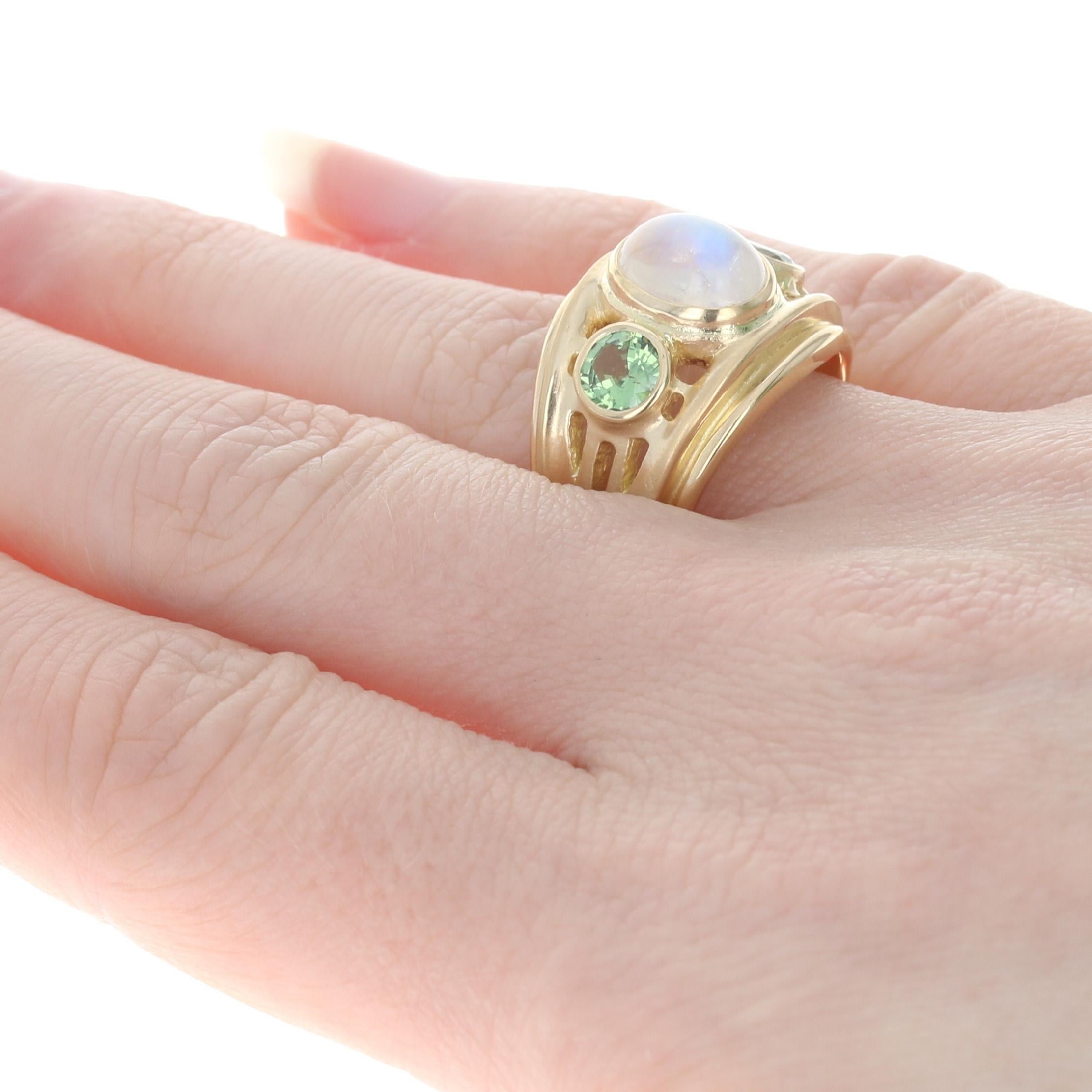 Uncut Yellow Gold Moonstone & Green Sapphire Ring, 18k Cabochon Cut 3.60ctw