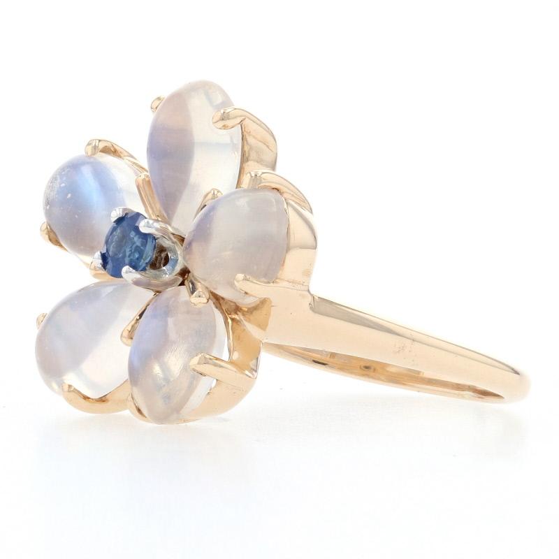 Pear Cut Yellow Gold Moonstone & Sapphire Flower Blossom Halo Ring, 14k Cabochon 3.65ctw