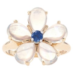 Vintage Yellow Gold Moonstone & Sapphire Flower Blossom Halo Ring, 14k Cabochon 3.65ctw