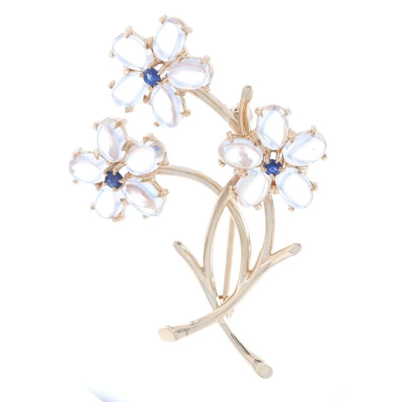 Metal Content: 14k Yellow Gold  

Stone Information: 
Genuine Moonstones 
Carats: 6.45ctw
Cut: Oval Cabochon 

Genuine Sapphires 
Treatment: Heating 	
Carats: .24ctw
Cut: Round 
Color: Blue   

Total Carats: 6.69ctw

Style: Brooch 
Closure Type: