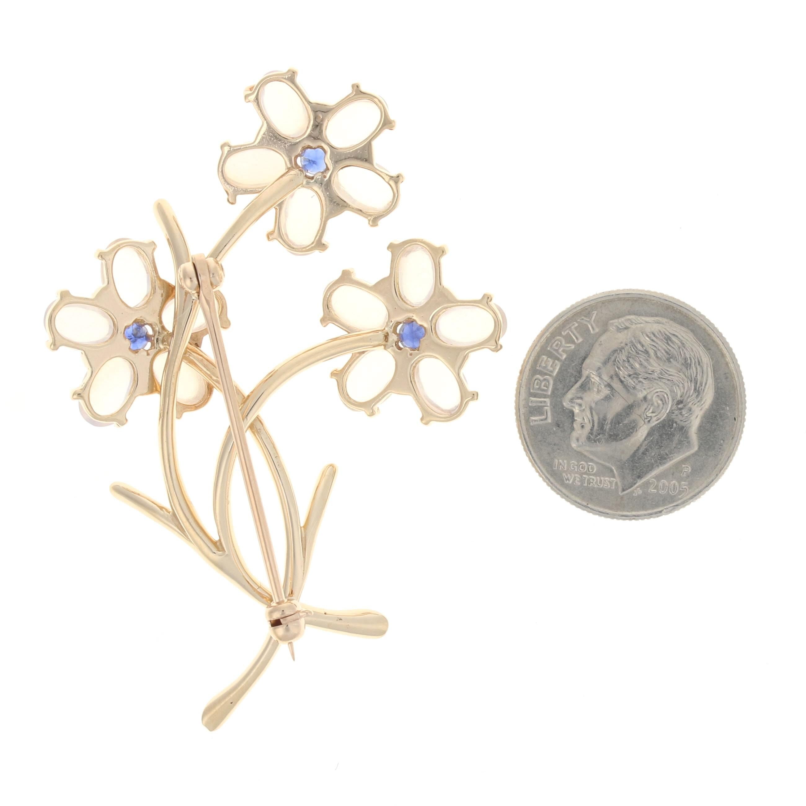 Yellow Gold Moonstone & Sapphire Flower Brooch, 14k Cabochon 6.69ctw Bouquet Pin In Excellent Condition In Greensboro, NC