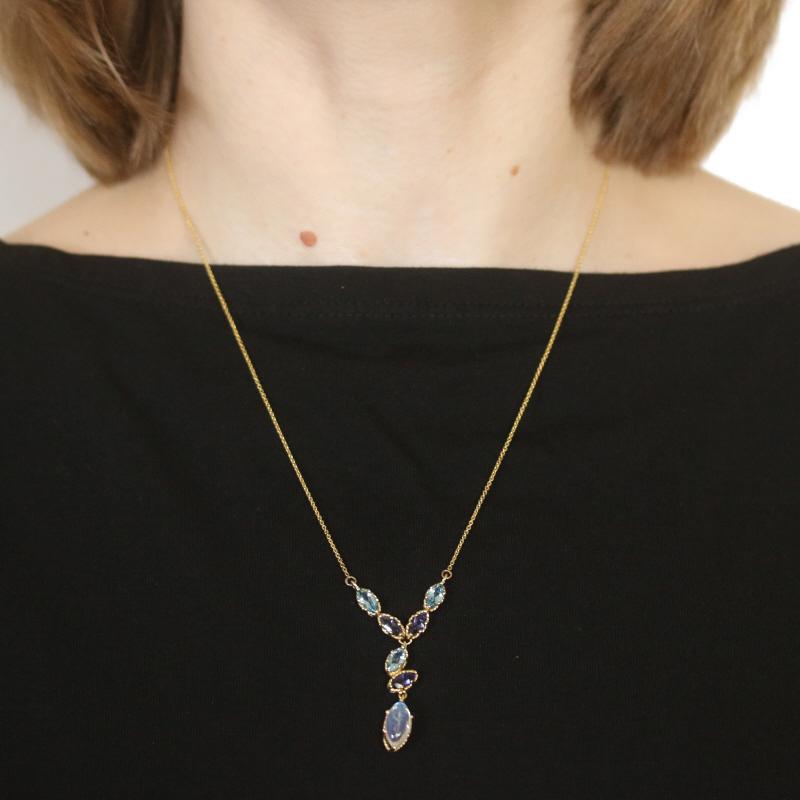Marquise Cut Yellow Gold Moonstone Topaz Iolite Drop Necklace 19 1/2