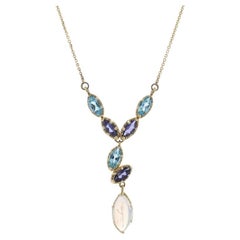 Yellow Gold Moonstone Topaz Iolite Drop Necklace 19 1/2" - 14k Marquise 4.40ctw