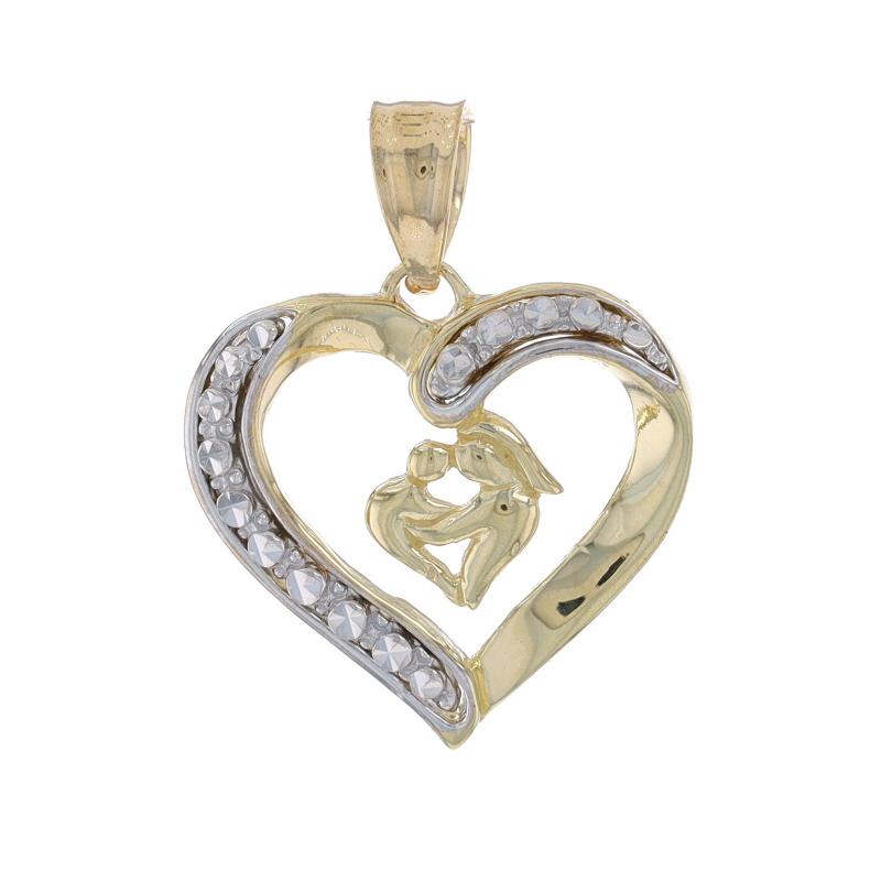 Metal Content: 10k Yellow Gold & 10k White Gold

Theme: Mother & Child Heart, New Baby
Features: Smooth & Textured Finishes

Measurements

Tall (from stationary bail): 5/8