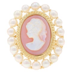 Yellow Gold Mother of Pearl & Cultured Pearl Halo Ring - 14k Silhouette Cameo
