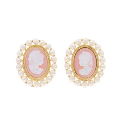 Yellow Gold Mother of Pearl Cultured Pearl Lg Halo Stud Earrings 14k CarvedCameo