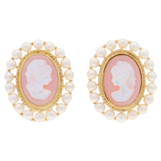 Yellow Gold Mother of Pearl Cultured Pearl Lg Halo Stud Earrings 14k CarvedCameo