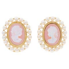 Gelbgold Perlmutt Zuchtperlen Lg Halo Ohrstecker 14k geschnitzter Cameo