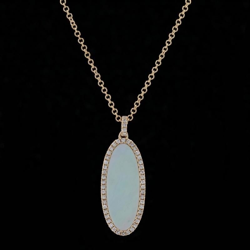 Metal Content: 14k Yellow Gold  

Stone Information: 
Natural Mother of Pearl
Cut: Oval Inlay
Color: White

Natural Diamonds
Total Carats: .16ctw
Cut: Single
Color: F - G   
Clarity: VS1 - VS2

Pendant Style: Halo 
Chain Style: Cable
Closure Type: