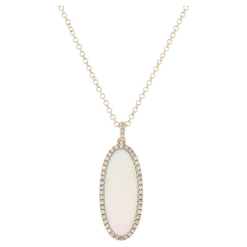Yellow Gold Mother of Pearl & Diamond Halo Necklace 14k Single .46ctw Adjustable For Sale