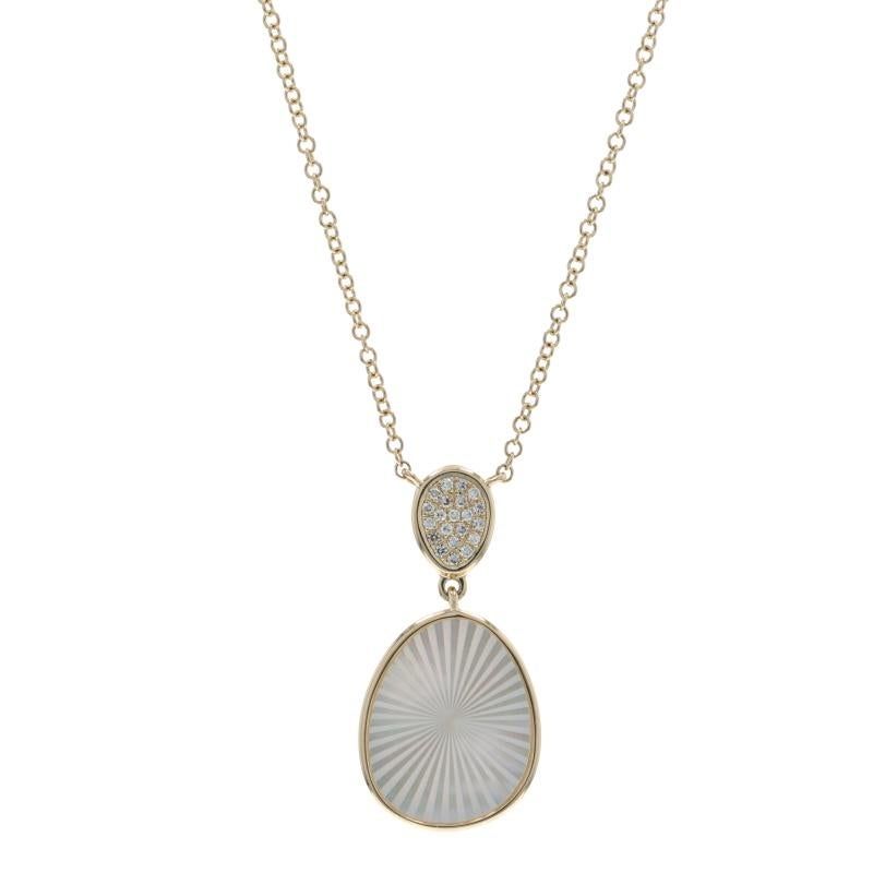 Metal Content: 14k Yellow Gold

Stone Information

Natural Mother of Pearl

Natural Diamonds
Carat(s): .04ctw
Cut: Single
Color: G
Clarity: VS1 - VS2

Chain Style: Cable
Necklace Style: Chain
Fastening Type: Lobster Claw Clasp
Theme:
