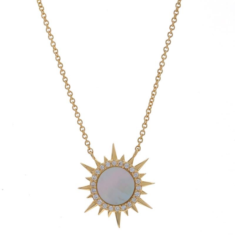 Metal Content: 14k Yellow Gold

Stone Information
Natural Mother of Pearl
Color: White

Natural Diamonds
Carat(s): .10ctw
Cut: Round Brilliant
Color: G
Clarity: SI1 - SI2

Total Carats: .10ctw

Style: Solitaire with Accents Halo
Fastening Type: