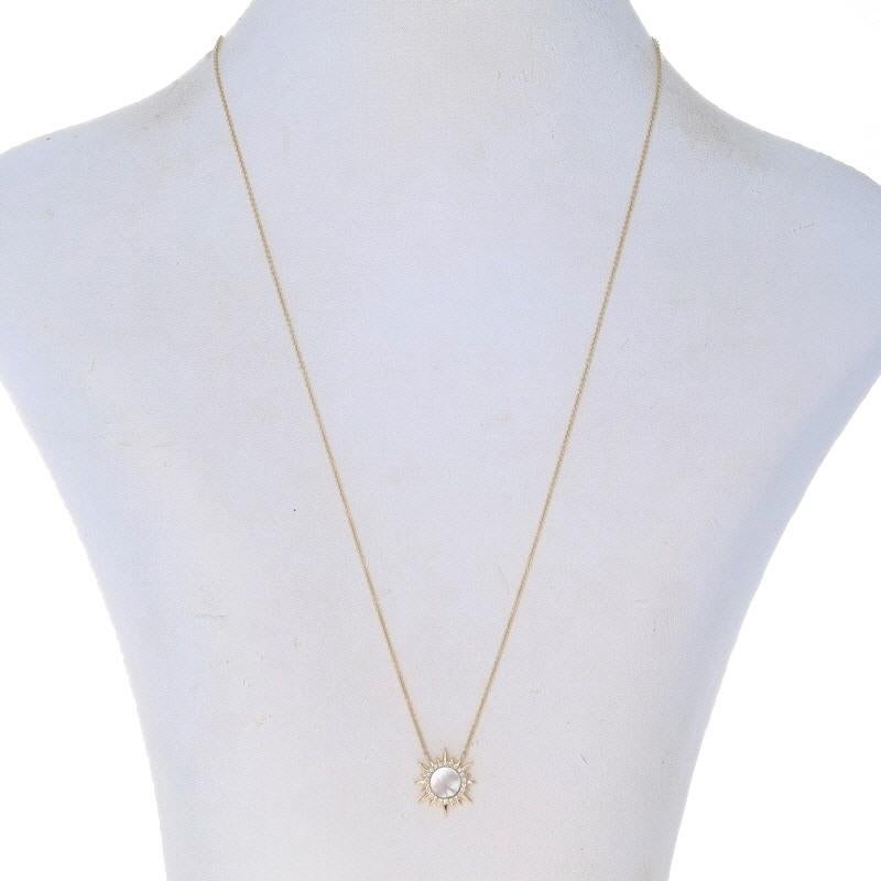 Round Cut Yellow Gold Mother of Pearl & Diamond Sunburst Halo Necklace - 14k .10ctw Adjust