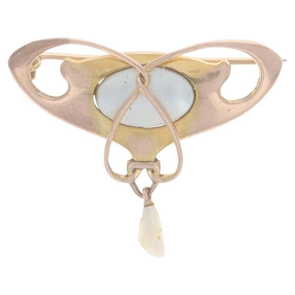 Yellow Gold Mother of Pearl & Freshwater Pearl Edwardian Brooch - 9k Antique Pin For Sale