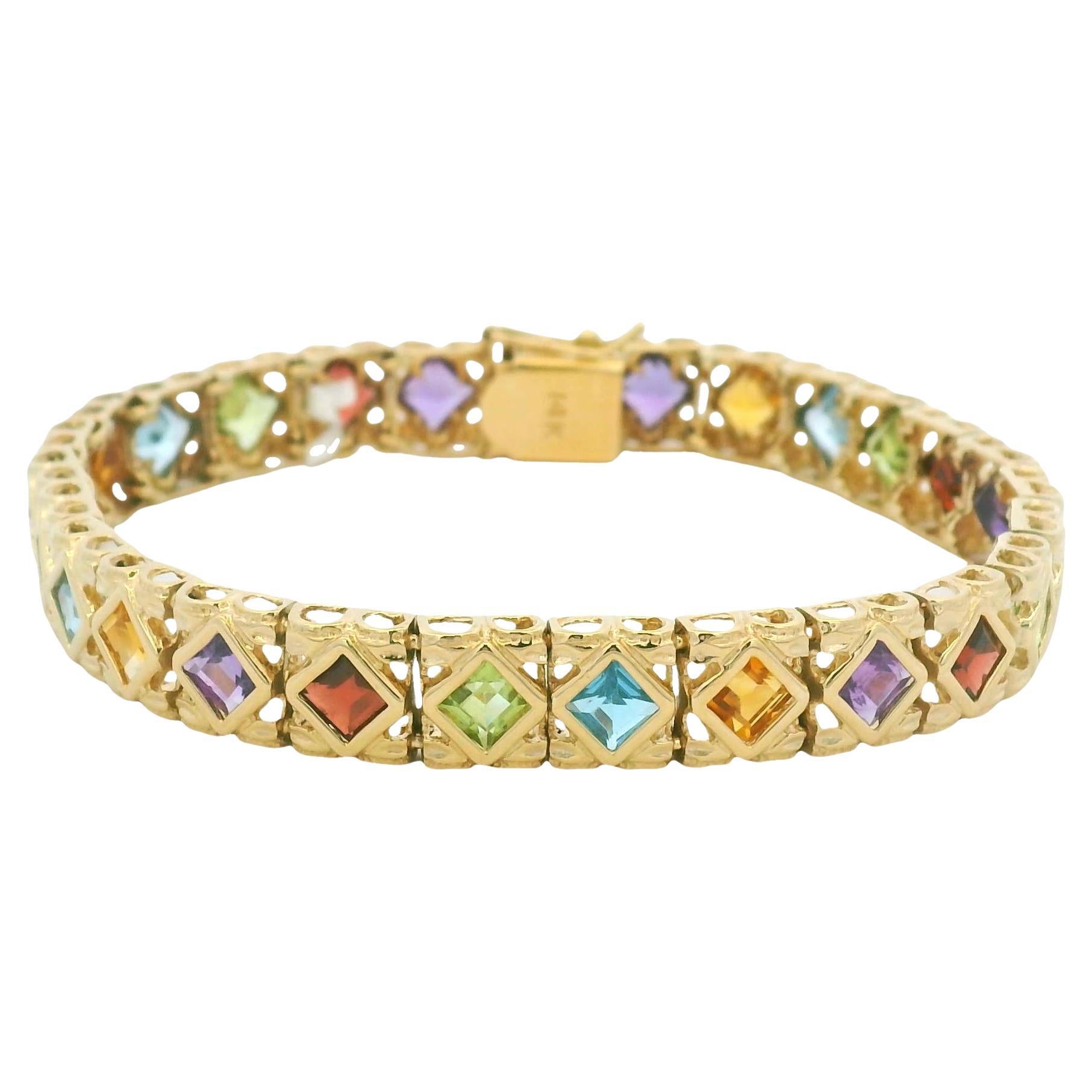 Yellow Gold Multi-Color Gemstone Bezel Set Square Bracelet In Stock