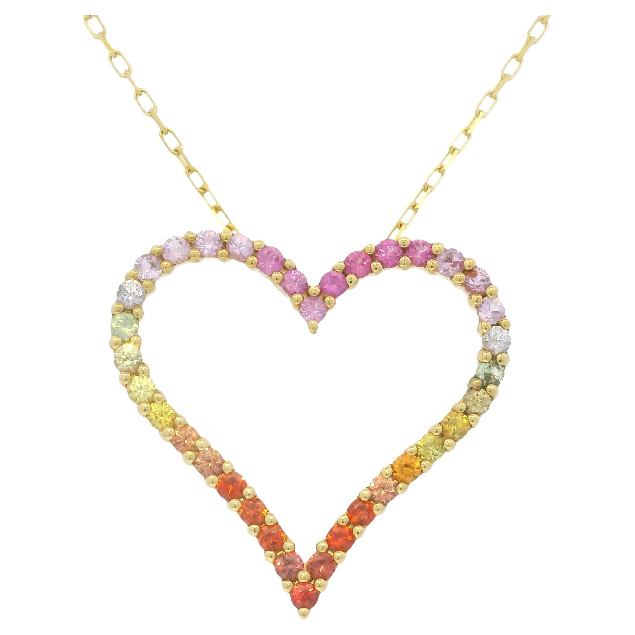 Yellow Gold Multi-Color Sapphire Open Heart 18-Karat Pendant Necklace In Stock