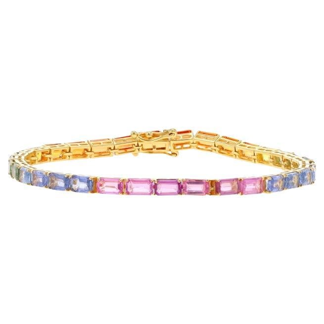 Pulsera Tenis Zafiro Multicolor Oro Amarillo 7" - 14k Corte Esmeralda 16.32ctw