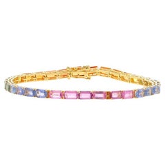 Yellow Gold Multi-Color Sapphire Tennis Bracelet 7" - 14k Emerald Cut 16.32ctw