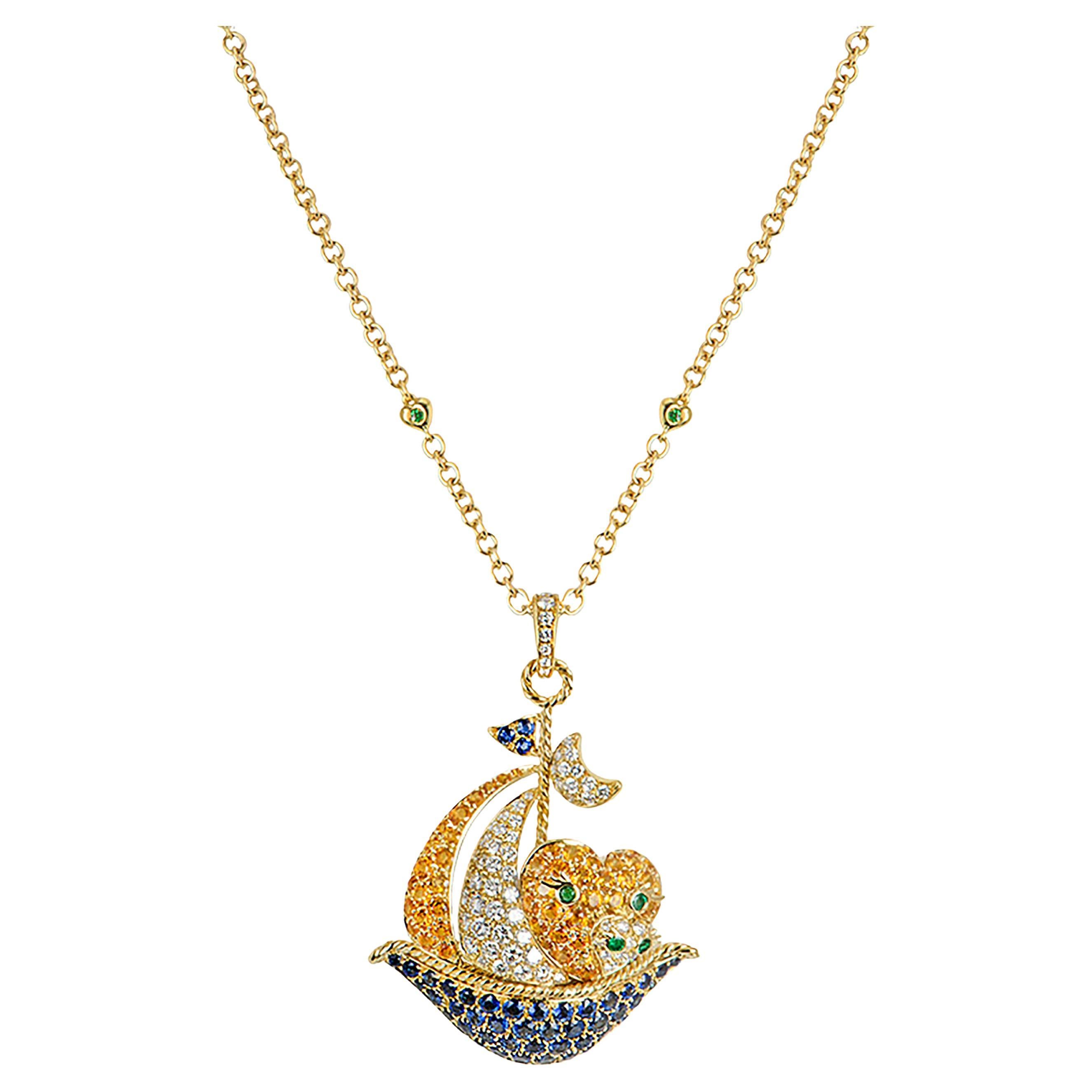 Yellow Gold Multi-Gemstone and Diamond Sailing Boat Pendant For Sale