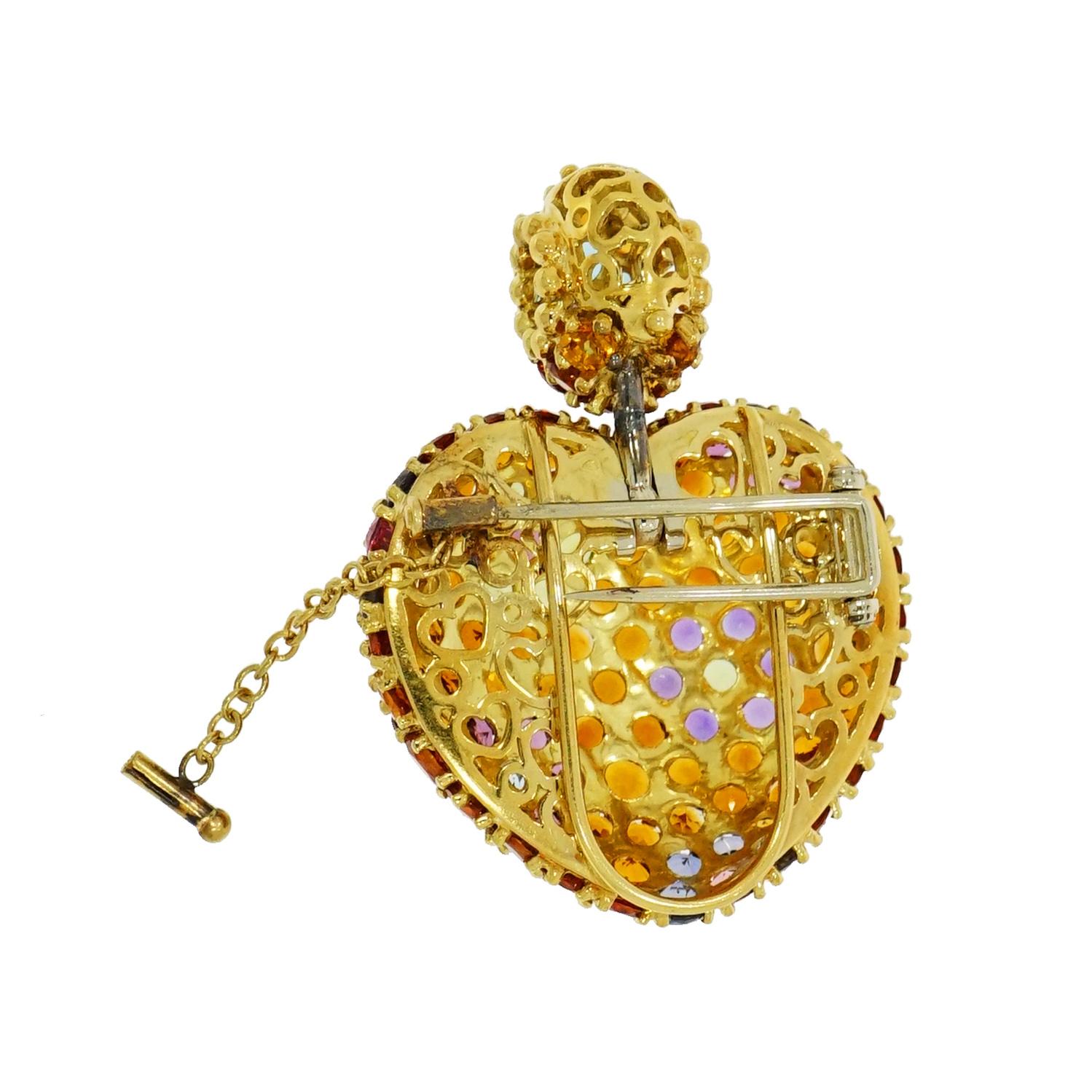 Artist Yellow Gold Multi-Gemstones Heart Pendant or Brooch